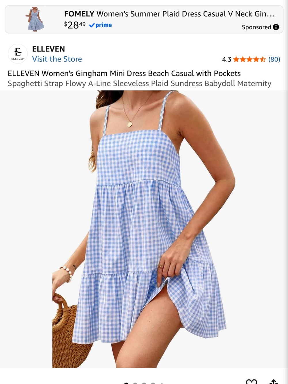 Light Blue Gingham Spaghetti-Strap Mini Dress by ELLEVEN